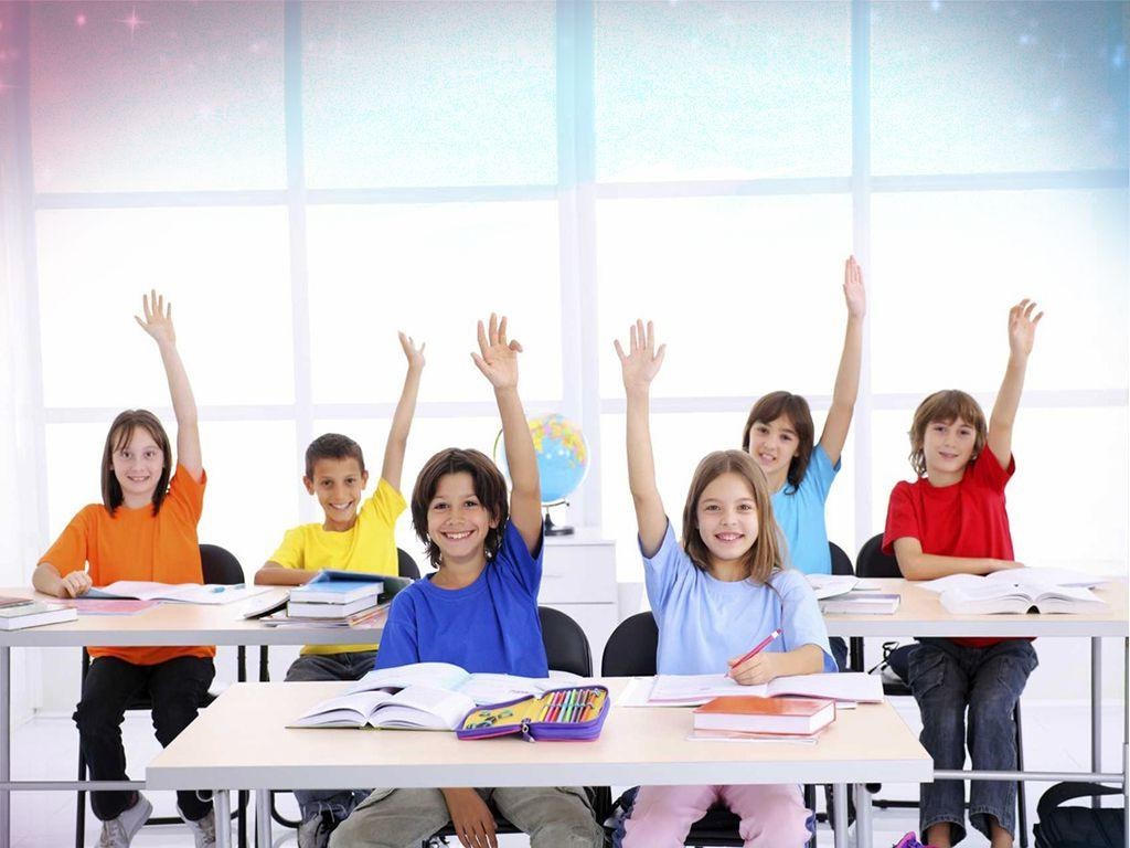 6 students raising hands